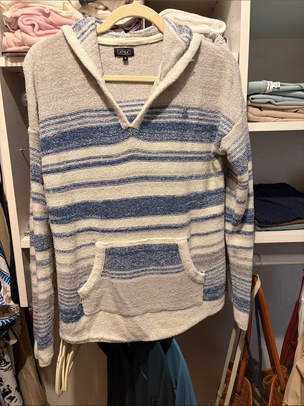 Lira Cream and Blue Striped V-Neck Hoodie Sweater